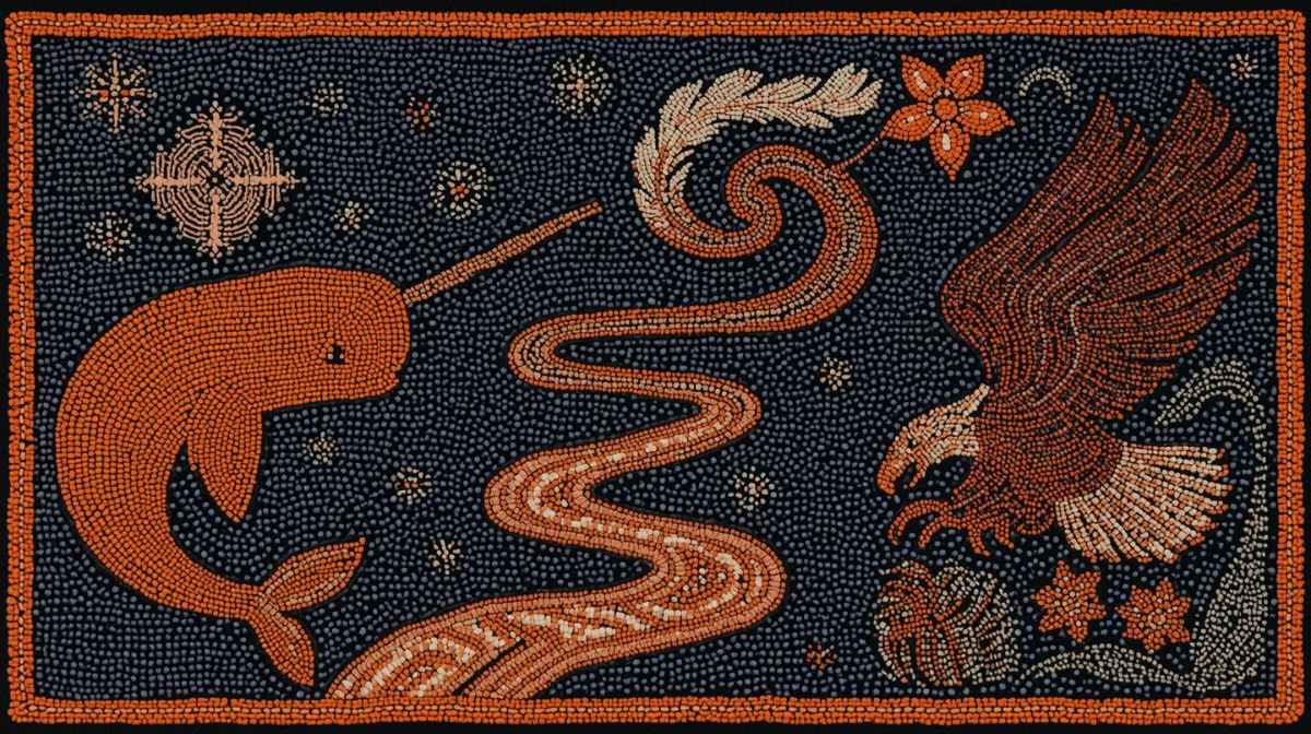 Landmark Advisory Service Truth and Reconciliation Policy Update is a listening and learning journey. This banner is a beaded tapestry featuring an eagle, narwhal, beaded flowers and stars as we recognize First Nations Peoples, the Inuit, and the Métis and the children who never returned home from residential schools.