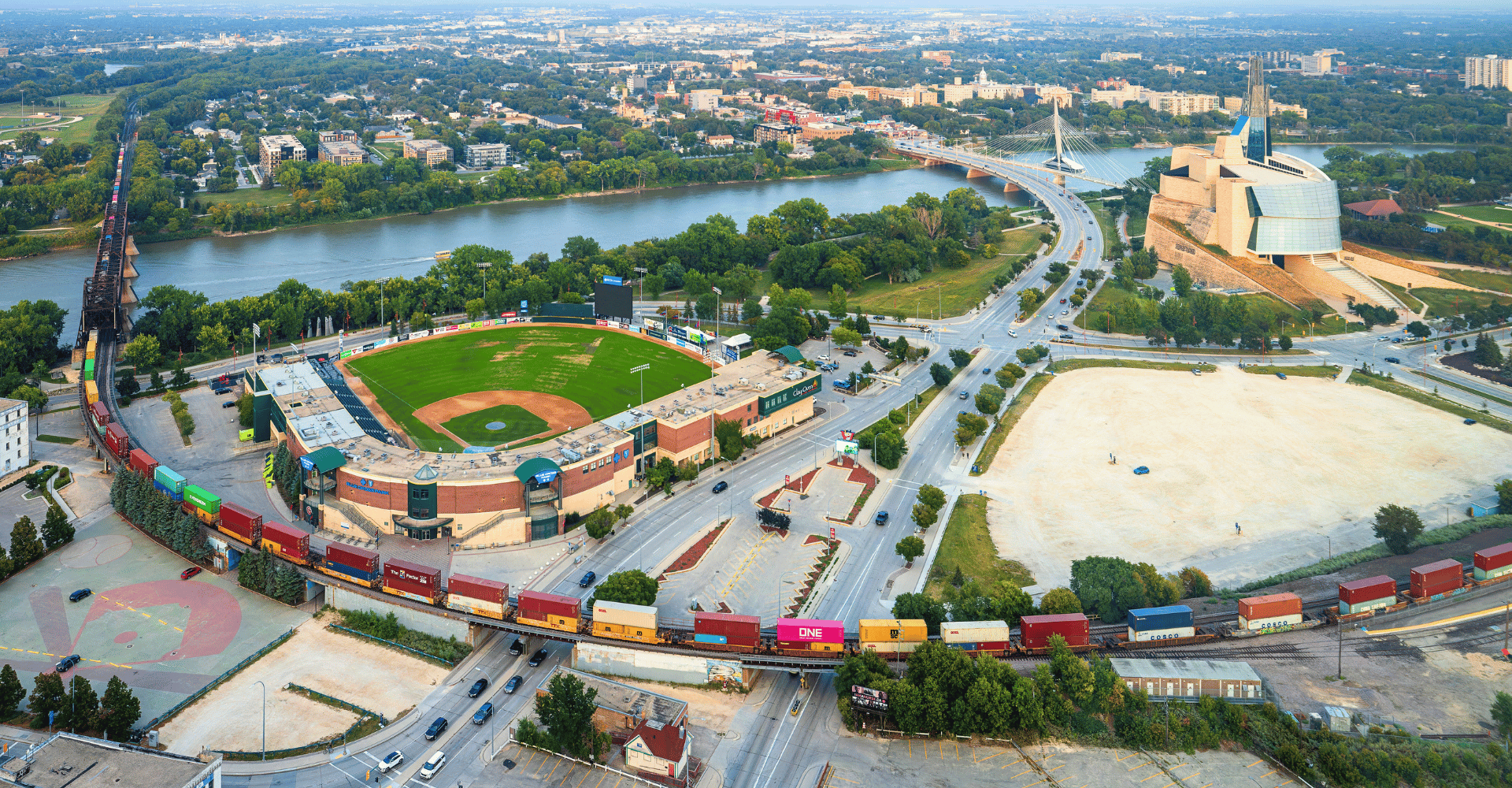 Aerial view of downtown Winnipeg showcasing the commercial real estate market, office towers and retail spaces